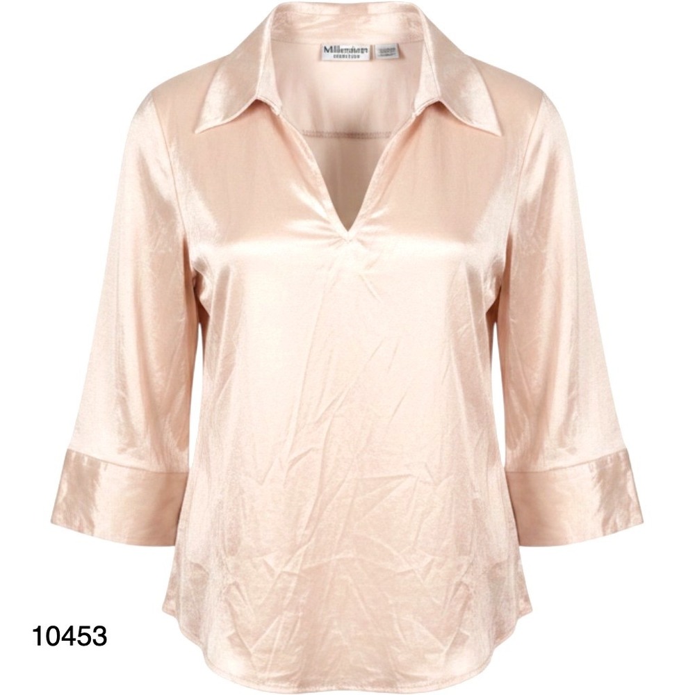 Millenium Blouse Top Womens XL Beige Stretch Long Sleeve Collared Streetwear